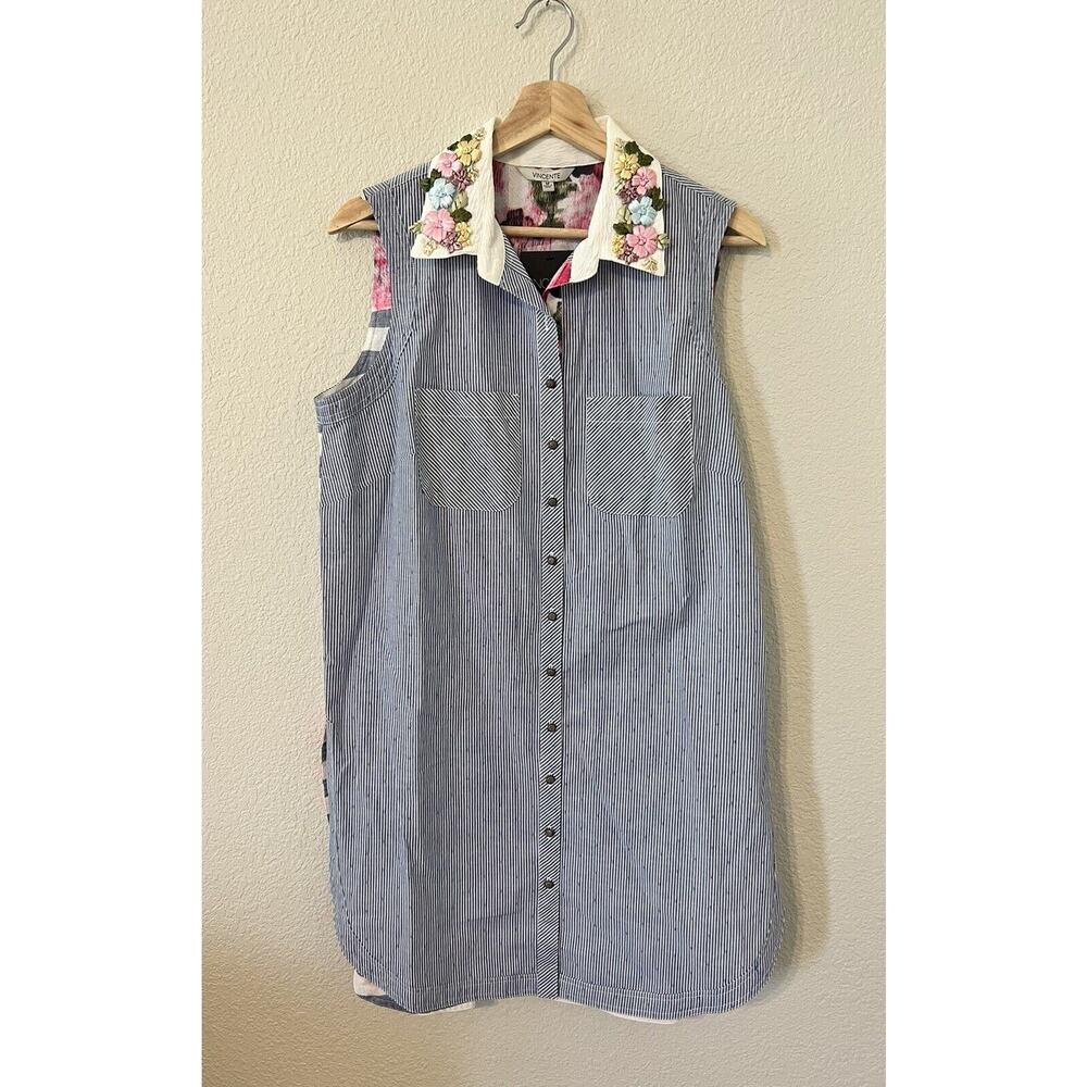 Vincente Tunic Top White Blue Sleeveless Floral Collar Hi Lo Hem Size Medium